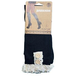 Ruffled Knee-High Socks with Adorable Button Detail - Black